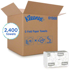 A large cardboard box labeled "C FOLD TOWEL WHITE 1PLY, KLEENEX" containing 16 packages of 150 paper towels each (totaling 2,400 towels), with one package of paper towels displayed in front of the box.