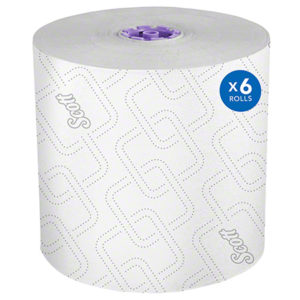 A pack of HARDWOUND ROLL TOWEL WHITE W/ INSERTS containing 6 rolls, each roll extending 950 feet.