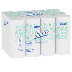 A bundle of SCOTT Toilet Tissue Coreless Single Rolls, 2-ply, totaling 36 rolls per case and featuring eco-friendly packaging with light green leaf designs on each roll.