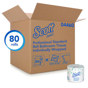 A large open box of SCOTT SUREPASS TOILET TISSUE SINGLE ROLL, 2-PLY beside an individually wrapped roll. The box holds 80 rolls, each with 550 sheets of 2-ply tissue.