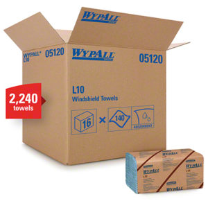 Open the cardboard box labeled "WYPALL L10 WINDSHIELD WIPER2PLY BLUE 16/140 alt bwk-6190" containing 2,240 towels. A smaller package of towels is placed next to the box.