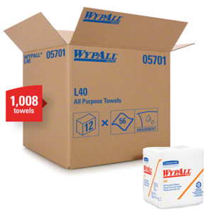 A large brown cardboard box labeled "WYPALL L40 All Purpose Wiper 1/4 Fold" and "1,008 towels." An image of one towel package is shown next to the box.