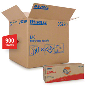 An open cardboard box of WYPALL L40 All Purpose Wipers, labeled "100 wipers/pop-up-box, 9/case," alongside another smaller closed box displaying the product design.