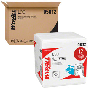 A box and package of WYPALL L30 General Purpose Wipers in 1/4 Fold. The box is labeled "KCC 05812" and contains 12 packs, each with 90 towels. The package on display shows the product and details.