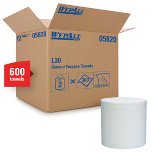 A cardboard box labeled "WYPALL L30 GENERAL PURP WIPER" with icons indicating 2-ply, 300 feet roll, and absorbent. A separate roll of white towels is shown outside the box. A red sign indicates a total of 600 wipers across two rolls in the case.