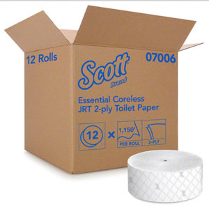 An open cardboard box labeled "07006 SCOTT 2 PLY CORELESS JUMBO ROLL TOILET TISSUE" containing 12 rolls, with one roll placed outside the box. Box text specifies 1,150 feet per roll.