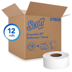 A cardboard box labeled "Kimberly Clark Scott Toilet Tissue JRT 9", 2-ply, 12/Case" holds 12 rolls of toilet paper, each roll containing 1,000 feet. One roll is displayed outside the box.