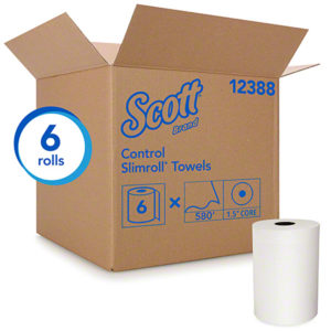 A cardboard box labeled "HARDWOUND ROLL TOWEL WHT 1PLY 8" x 580' SLIM ROLL 6/CASE DISP KCC-10441." It contains 6 rolls of paper towels, each with a length of 580 feet and a core diameter of 1.5 inches. One roll is shown outside the box.