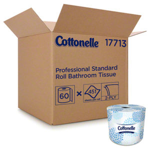 A large brown box labeled "COTTONELLE TOILET TISSUE SINGLE ROLL, 2PLY, 451/ROLL, 60/CASE" stands next to a single roll of toilet paper featuring a blue floral pattern. The box indicates it contains 60 rolls, each with 451 sheets and is 2-ply.