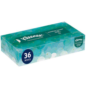 A box of Kleenex Professional facial tissues, featuring a green circular pattern, contains 100 white 2-ply sheets. The case includes a total of 36 boxes.