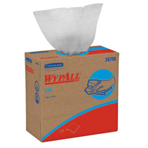 A box of WYPALL X60 White Teri Wipers Pop-Up Box contains 126 disposable wipes. The box features the brand logo and a blue graphic of a hand holding a wipe.