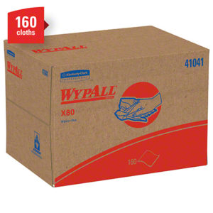 Cardboard box of WYPALL X80 Blue Shop Pro Wipers, containing 160 cloths per case.