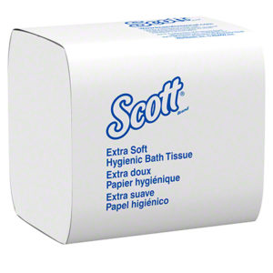 A package of Scott brand extra soft toilet tissue hygienic inter-fold, with labels in English, French, and Spanish.