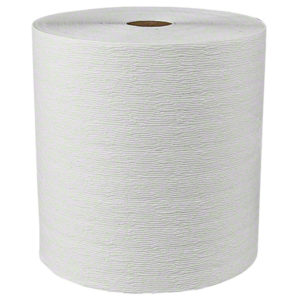 A roll of KCC50606 Scott Plus Hardwound Roll Towel, white and textured, is standing upright against a plain background.