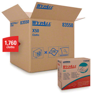 A large cardboard box labeled "WYPALL X50 White Wipers Pop Up Box" and "1,760 cloths" is shown with a smaller box in front, illustrating that the larger box contains 10 packs of 176 cloths each.