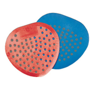 Two rounded, perforated plastic urinal screens, one red and one blue, are shown overlapping. The screens are part of the RED CHERRY URINAL SCREENS set (12 per box) and feature a grid of holes throughout their surfaces.