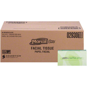 A cardboard box labeled "FACIAL TISSUE MARCAL - WHITE100/BOX" is accompanied by a small green and white tissue box. The cardboard box displays product details and a barcode, with contents amounting to 30 boxes per case.