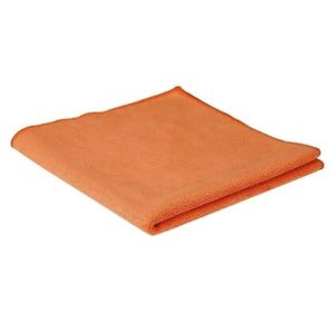 A 12"x12" Microfiber Cloth Orange, each, folded neatly.