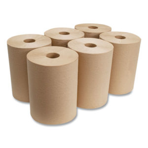 Six HARDWOUND ROLL TOWELS in brown, each measuring 10 inches by 800 feet, are arranged in two rows. These cylindrical rolls have a hollow center and feature a textured surface.