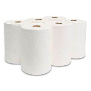 Six HARDWOUND ROLL TOWEL WHITETAD 10"x550' rolls are arranged in a group with two in front and four in the back.