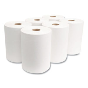 Six HARDWOUND ROLL TOWELS, 10"x 800' ROLL, standing upright on a plain white background.