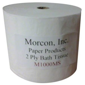 A large roll of 2-ply bath tissue from Morcon, Inc., labeled "GP193-75 EQUIV BATH TISSUE 2-PLY," Paper Products.