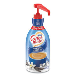 A 1.5-liter pump bottle of Nestlé French Vanilla Liquid Creamer with a red dispenser. The label features an image of a coffee cup and vanilla beans. Contains 50.7 fl oz.