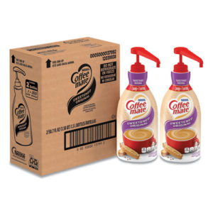 Two 1.5-liter pump bottles of COFFEEMATE Liquid Creamer in Sweetened Original are shown next to a brown cardboard box. The box and bottles feature the COFFEEMATE branding and product details, indicating two bottles per carton.