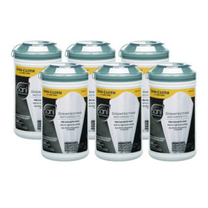 Six containers of SANI PROFESSIONAL DISINFECTING MULTI-SURFACE WIPES, 7.5X5.38" are arranged in two rows of three. Each container has a gray lid and a white label with text.