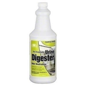 A bottle of "Bio-Enzymatic Urine Digester, Purple Crush" odor neutralizer from a case of 12 quarts, featuring a green-yellow gradient design with a white cap and label that details its ability to control and eliminate urine odors on various surfaces.