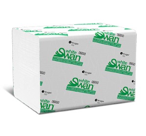 A wrapped package of 1-ply White Swan V-fold napkins from product 06650, featuring a clean white color, with 6000 units per case.