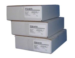 Three stacked cardboard boxes with labels indicating they contain various sizes and colors of products, including topcase products PT2-6070, PGB-4751, PGB-6151, and LINER 43"x47" BLACK 2 MIL CORELESS ROLL, 100/cs.