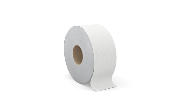 A single roll of the JRT600 DIVINE 2 ply Jumbo, with a small length of the 600' paper unrolled, set against a plain white background.