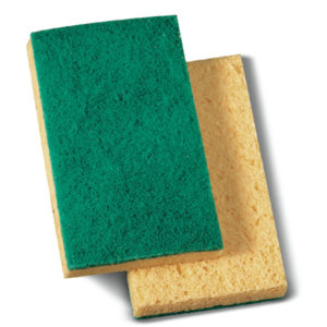 Two GREEN/YELLOW MEDIUM DUTY SCRUBBING SPONGES stacked slightly askew, featuring a yellow sponge side and a green scouring pad side.