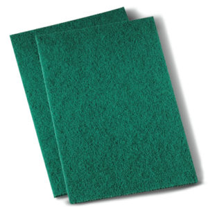 Two 6"x9" medium duty green scouring/scrubber pads are shown, one slightly overlapping the other.