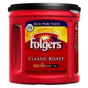 A 30.5-ounce red container of Folgers Classic Roast coffee with a black lid, labeled "Rich, Pure Taste" and "Mild," capable of making up to 270 cups of coffee.