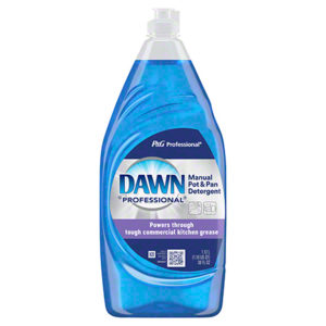 A 38 fl oz bottle of Dawn Manual Pot & Pan Dish Detergent with blue liquid, highlighted for its grease-cutting power for commercial kitchen use.