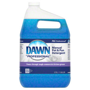 A 1-gallon container of DAWN Pot & Pan Manual Dish Detergent, featuring a blue liquid and a handle for easy carrying.