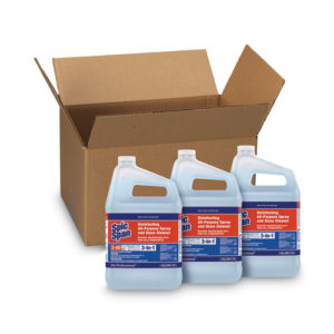 Three one-gallon bottles of SPIC AND SPAN DISINFECTING ALL-PURPOSE SPRAY & GLASS CLEANER are positioned in front of an open cardboard box.