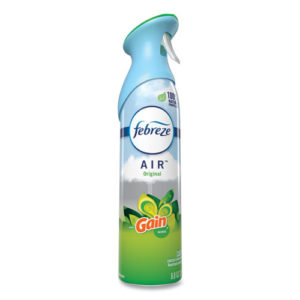 A FEBREZE GAIN ORIGINAL air freshener spray can with an 8.8 oz label, featuring a blue and green design, a white nozzle, and "100% natural propellant" displayed on it.