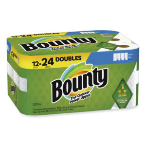 Package of BOUNTY SELECT-A-SIZE double roll paper towels labeled "12=24 doubles" with "The Quicker Picker Upper" slogan, shown in green packaging.