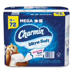 Package of Charmin Ultra Soft Bathroom Tissue, containing 18 mega rolls that are each equivalent to 72 regular rolls. It features a smooth tear design and carries the FSC certification logo. The package design includes cartoon bears.