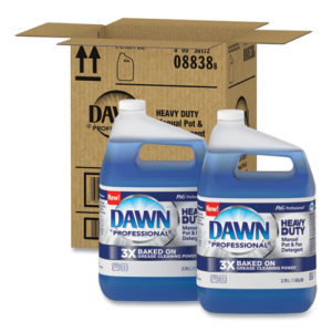 Two large, 1-gallon bottles of DAWN HD MANUAL POT/PAN DETERGENT, ORIGINAL SCENT are positioned in front of an open cardboard box labeled with the same product details.