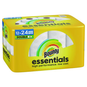 A 12-pack of Bounty Essentials Select-A-Size kitchen roll towels, featuring 108 sheets per roll and 2-ply construction, each roll equivalent to two standard rolls, offers high performance at a low cost.