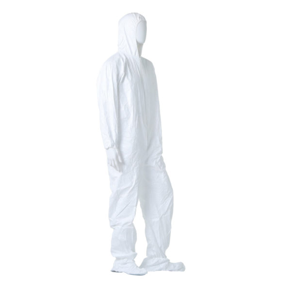 A TYVEK XXL COVERALL with an attached hood, shown on a mannequin, available in white and sold 25 per case.