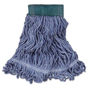 A medium-sized blue Super Stitch Blend Mop Head, made of a cotton-synthetic blend, with thick, tangled strands and a green cloth band at the top.