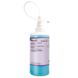 A transparent dispenser bottle of Enriched Moisturizing Hand Soap, Citrus Scent, light blue foaming soap with a white pump and attached long tube. The labeling is primarily in purple and white.