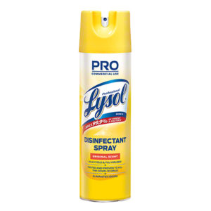 LYSOL DISINFECTANT SPRAYORIGINAL 12/19oz Aerosols/Case, featuring a yellow can with blue and red labeling, and text indicating it kills 99.9% of viruses and bacteria.