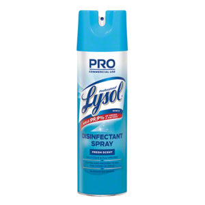 A 19oz aerosol can of Lysol Disinfectant Spray Spring Fresh from a case of twelve, featuring a blue cap and label, claims to eliminate 99.9% of viruses and bacteria while providing a fresh scent.