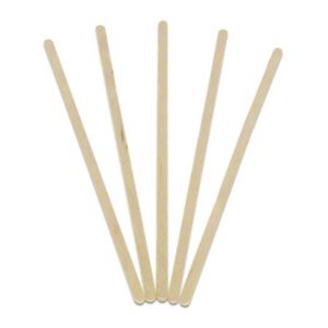 Five 7.5" wood coffee stirrers from a box of 5000 are fanned out on a white background.